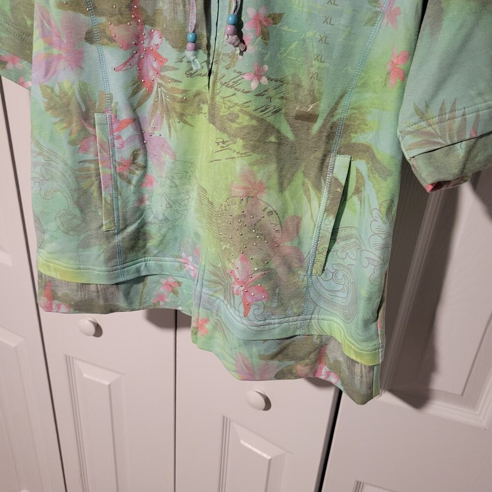 Y2K Green Tea Hoodie Jacket Beaded Drawstring Floral XL Athletic Wear Shortsle - Picture 3 of 12